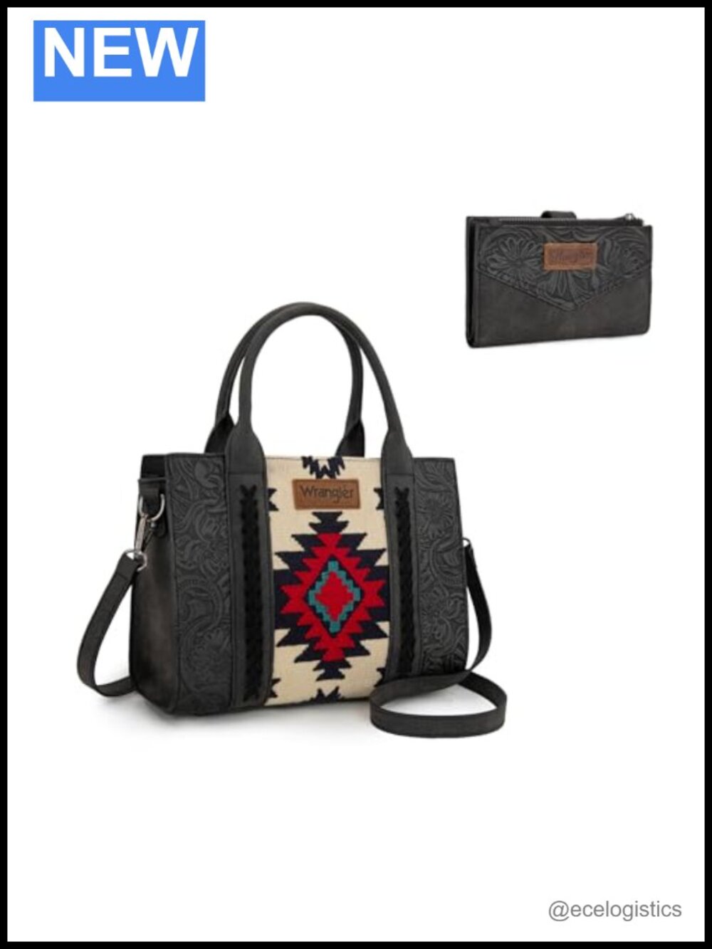 Wrangler Small Tote Bag and Wallet Set Genuine Leather Floral Tooled Western